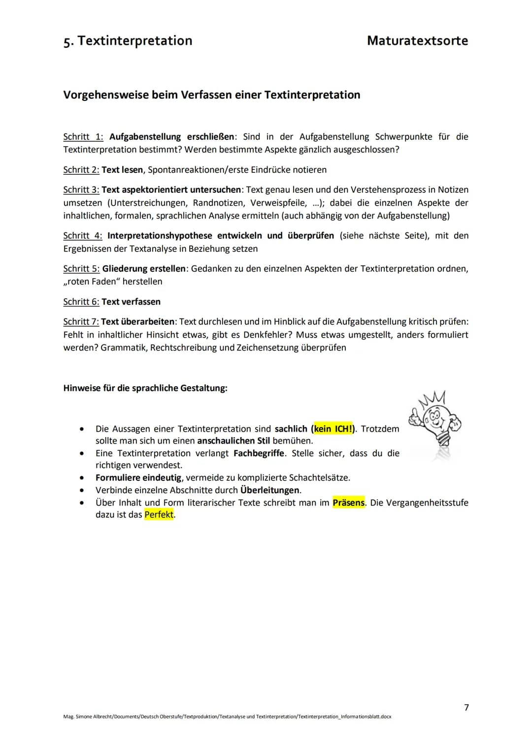 5. Textinterpretation
Die Textinterpretation umfasst folgende Aspekte:
Einleitung
Eckdaten des Ausgangstextes
Thema des zu interpretierend
