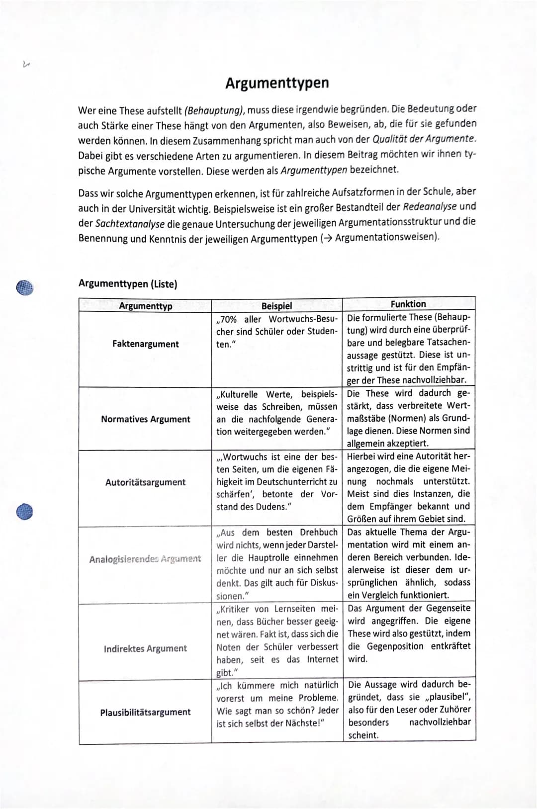 # Argumenttypen
Wer eine These aufstellt (Behauptung), muss diese irgendwie begründen. Die Bedeutung oder
auch Stärke einer These hängt von
