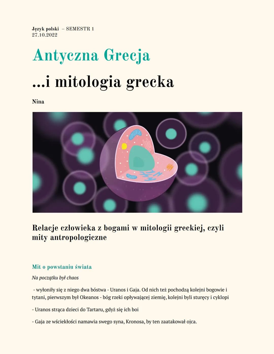 Język polski SEMESTR 1
27.10.2022
# Antyczna Grecja
## ...i mitologia grecka
Nina
Relacje człowieka z bogami w mitologii greckiej, czyli