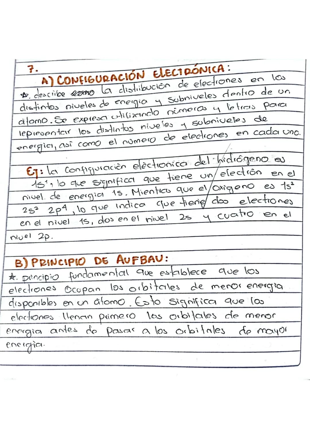 7.
A) CONFIGURACIÓN ELECTRÓNICA:
describe como la distribución de electiones en 100
distintos niveles de energia y Subniveles dentro de un
a