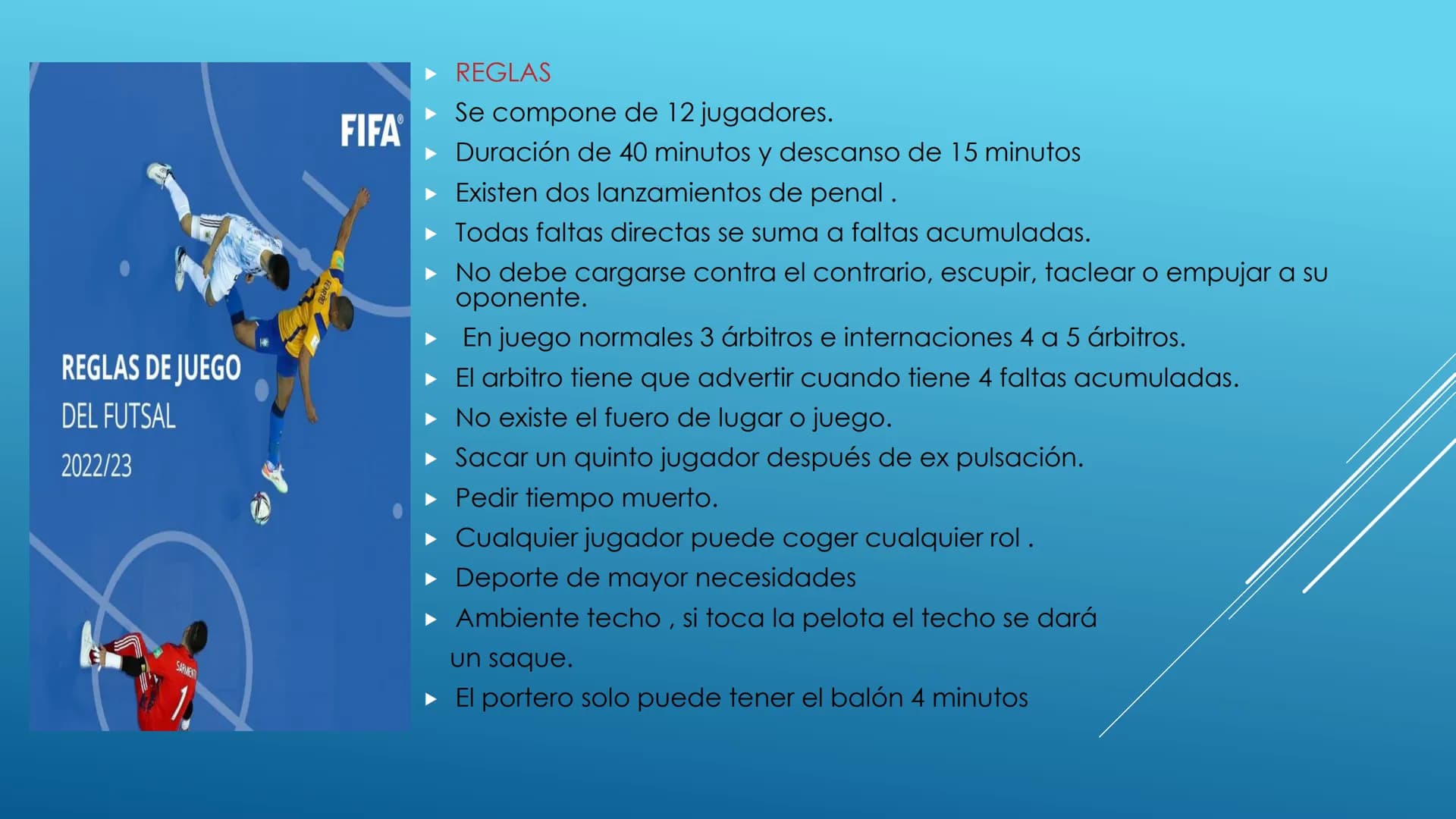 # FUTBOL SALA - Índice:
- Categoría
- Historia
- Microfútbol en Colombia
- Reglamentación
- Sustituciones
- Inicio y reanudación del juego
-
