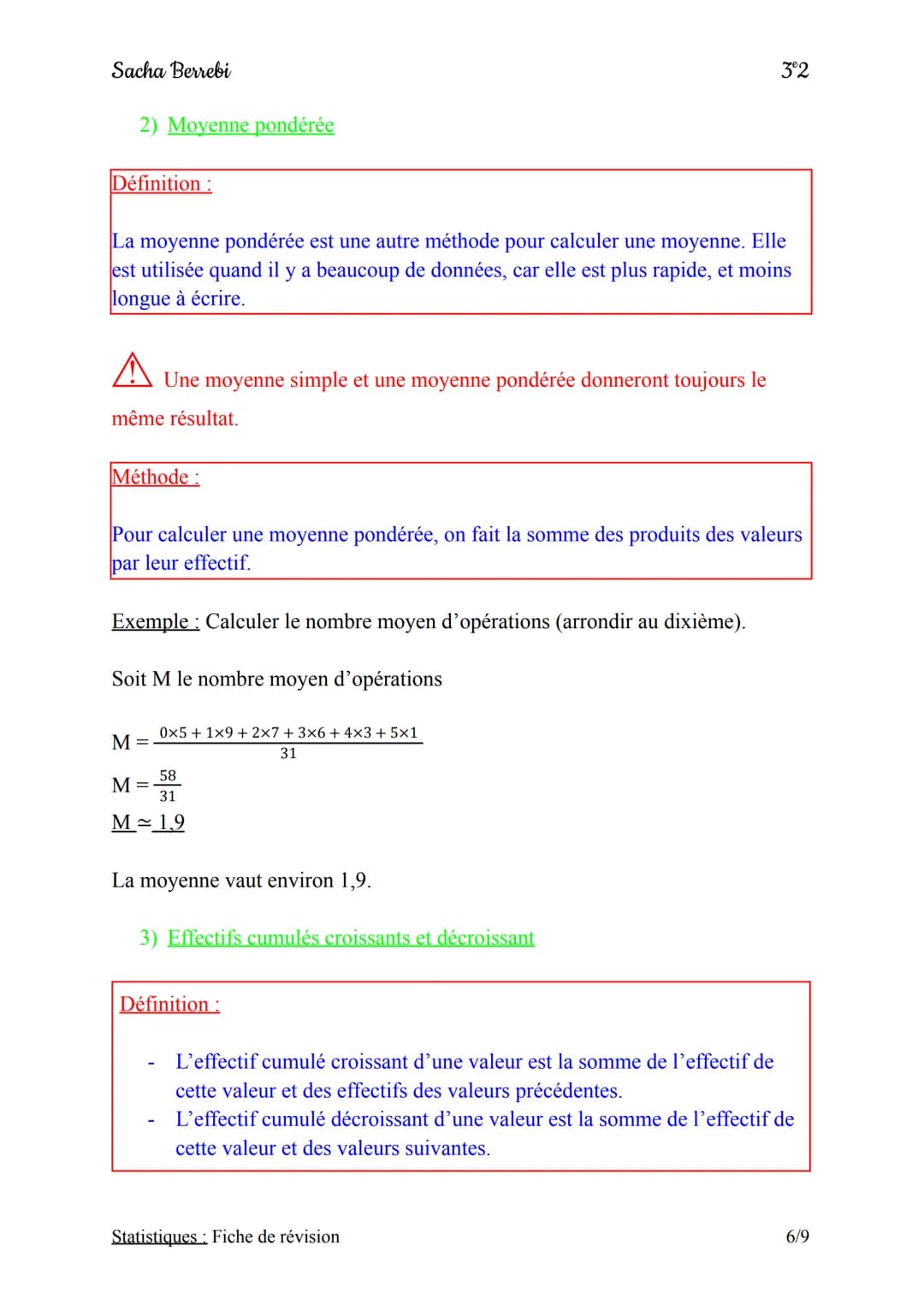 Sacha Berrebi
3°2
# Chapitre n°3: Statistiques
## Fiche de révision
I) Définition et vocabulaire
1) Définition
Définition:
Une série de