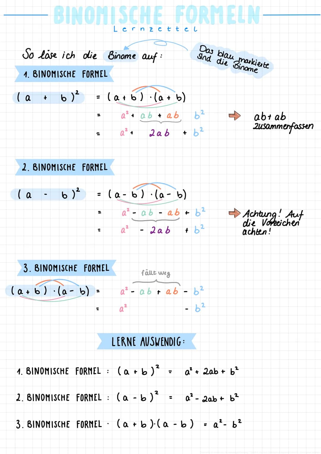# BINOMISCHE FORMELN
Lernzettel
So lose ich die Binome auf:
1. BINOMISCHE FORMEL
Das blau markierte
Sind die Binome
(a + 6)2 = (a+b)(a +