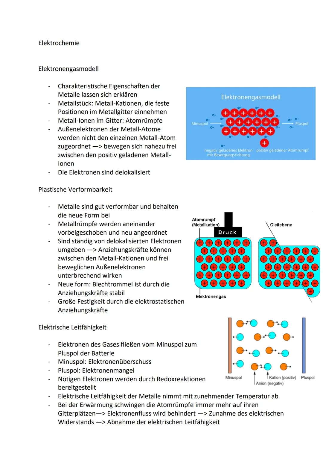 # Elektrochemie
Elektronengasmodell
- Charakteristische Eigenschaften der
Metalle lassen sich erklären
- Metallstück: Metall-Kationen, d