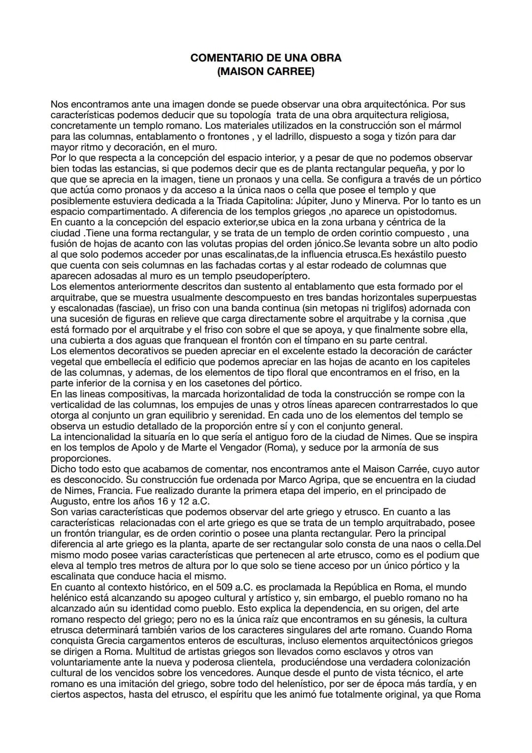 # COMENTARIO DE UNA OBRA
(MAISON CARREE)
Nos encontramos ante una imagen donde se puede observar una obra arquitectónica. Por sus
caracterí