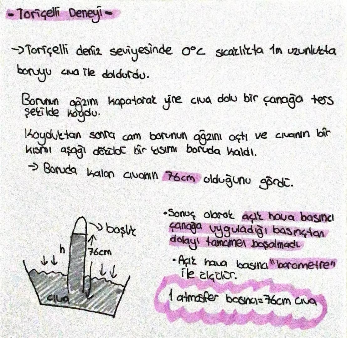 - Toriçelli Deneyi-
→Toriçelli deniz seviyesinde o°c scazlıkta in uzunluzta
boruyu civa ile doldurdu.
Borunun ağzını kapatarak yine civa d