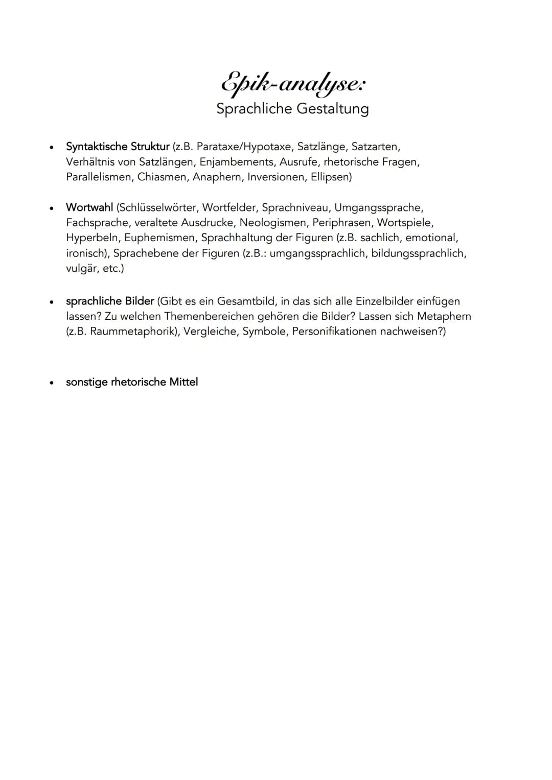# Epik-analyse:
Erzählerische Gestaltung (zitieren!)
Erzählform
Er-/Sie-Form (auktorial, personal, neutral)
Ich-Form (erlebende Ich, erzähl