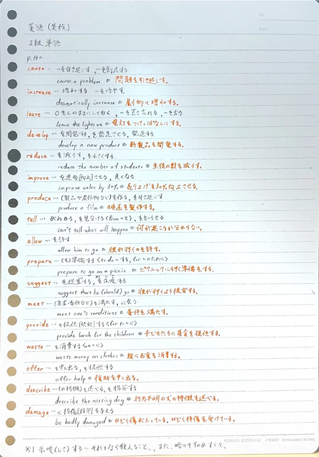 # 英語(英検)
# 2級単語
P.14
cause ~を引き起こす~を創念する
cause a problem問題を引き起こす。
increase・増加する~を増やす。
dramatically increase劇的に増加する。
leave!・・・ ○きくのままにして