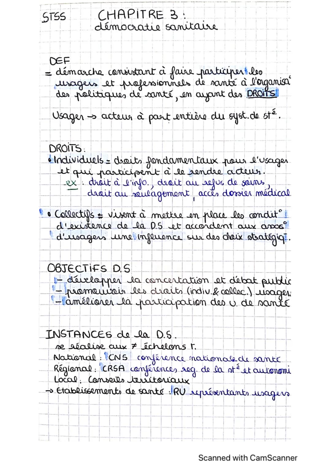 STSS
# CHAPITRE 3:
démocratie sanitaire
DEF
= démarche consistant à faire participer les
usagers et professionnels de santé à l'organisa
de