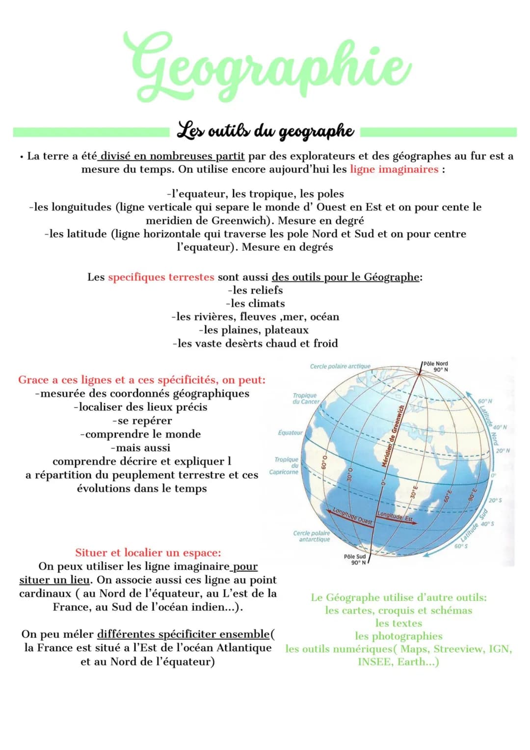 # Geographie
## Les outils du geographe
• La terre a été divisé en nombreuses partit par des explorateurs et des géographes au fur est a
m