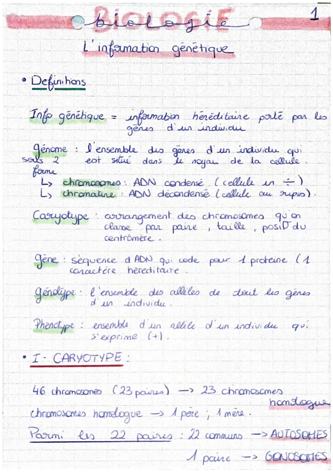 # BIOLOgie
L'information génétique
1
* Definitions
Info génétique = information héréditaire porté par les
gènes d'un individu
génome:
