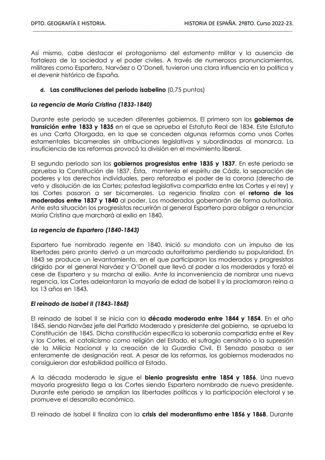 DPTO. GEOGRAFÍA E HISTORIA.
HISTORIA DE ESPAÑA. 2ºBTO. Curso 2022-23.
TEMA 2
LA CONFLICTIVA CONSTRUCCIÓN DEL ESTADO LIBERAL ENTRE 1833 Y 1