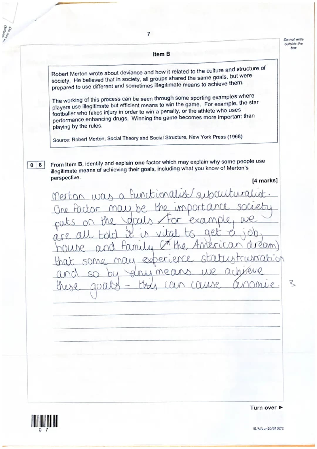 2
Section A: Crime and Deviance
Answer all questions in this section.
Only one answer per question is allowed.
For each answer completely