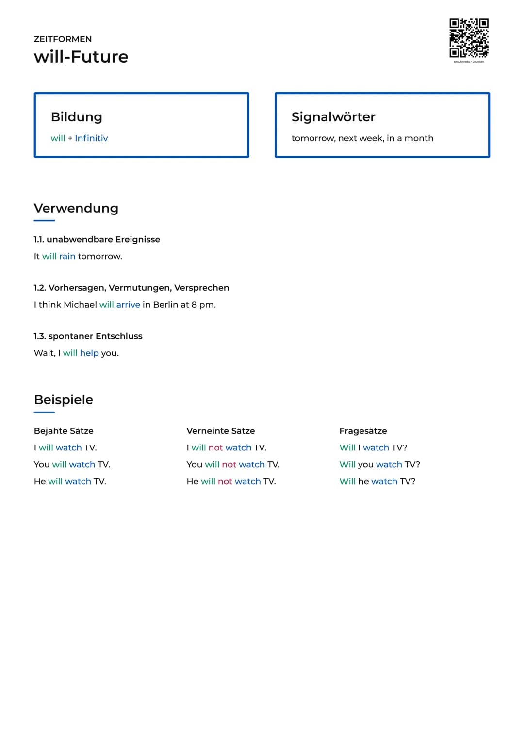 ZEITFORMEN
will-Future
Bildung
will + Infinitiv
Signalwörter
tomorrow, next week, in a month
Verwendung
1.1. unabwendbare Ereignisse