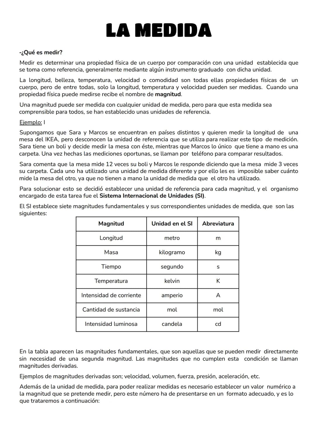 # LA MEDIDA
-¿Qué es medir?
Medir es determinar una propiedad física de un cuerpo por comparación con una unidad establecida que
se toma c