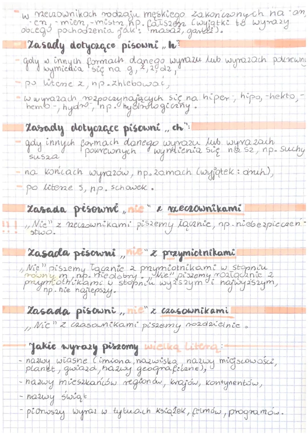 # Jezyk polski
Ortografia
- Zasady dotyczące pisownió""ó":
- goly w innych formach odanego wyrazu lub wyrazach
- pokrewnych wymienia s