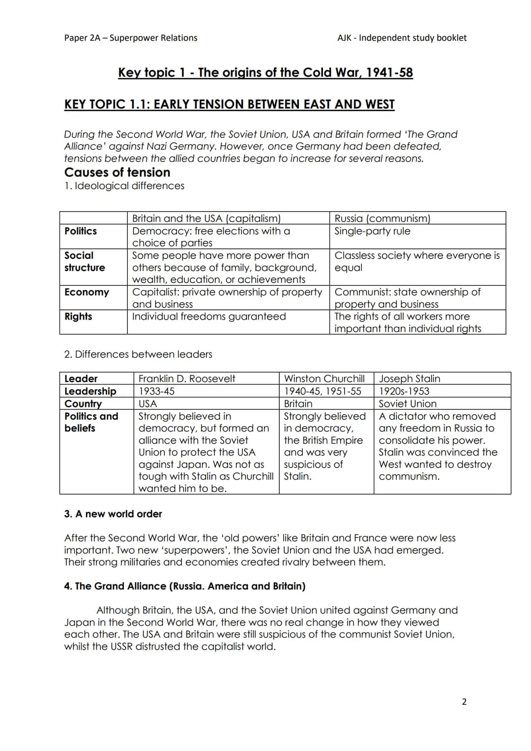 Paper 2A - Superpower Relations
AJK - Independent study booklet
Year 11 GCSE History
Paper 2A - Cold War
Information booklet
Soviet Uni