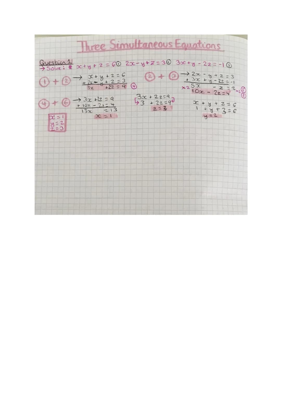 # Three Simultaneous Equations
Question 1
$
\rightarrow Solve: \begin{cases} x+y+z=6 &(1) \\ 2x-y+z=3 &(2) \\ 3x+y-2z=-1 &(3) \end{cases}
$