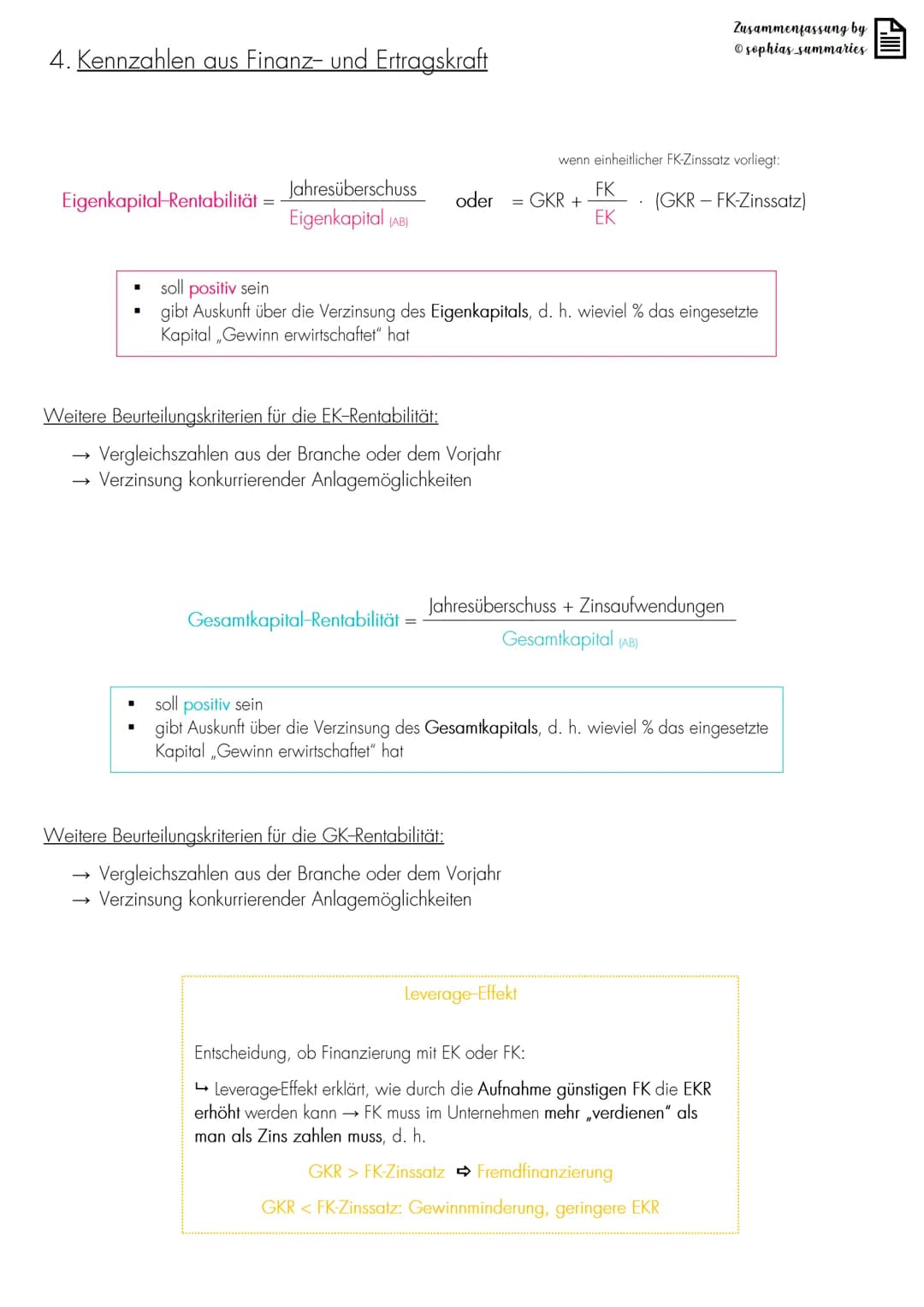 # Zusammenfassung by
sophias summaries
# Kennzahlen
1. Vertikale Bilanzstruktur
| Aktiva (Vermögen) | Passiva (Kapital) |
| ----------- |