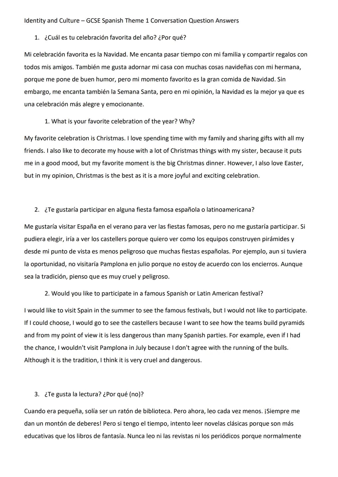 Identity and Culture - GCSE Spanish Theme 1 Conversation Question Answers
1. ¿Cuál es tu celebración favorita del año? ¿Por qué?
Mi celebr