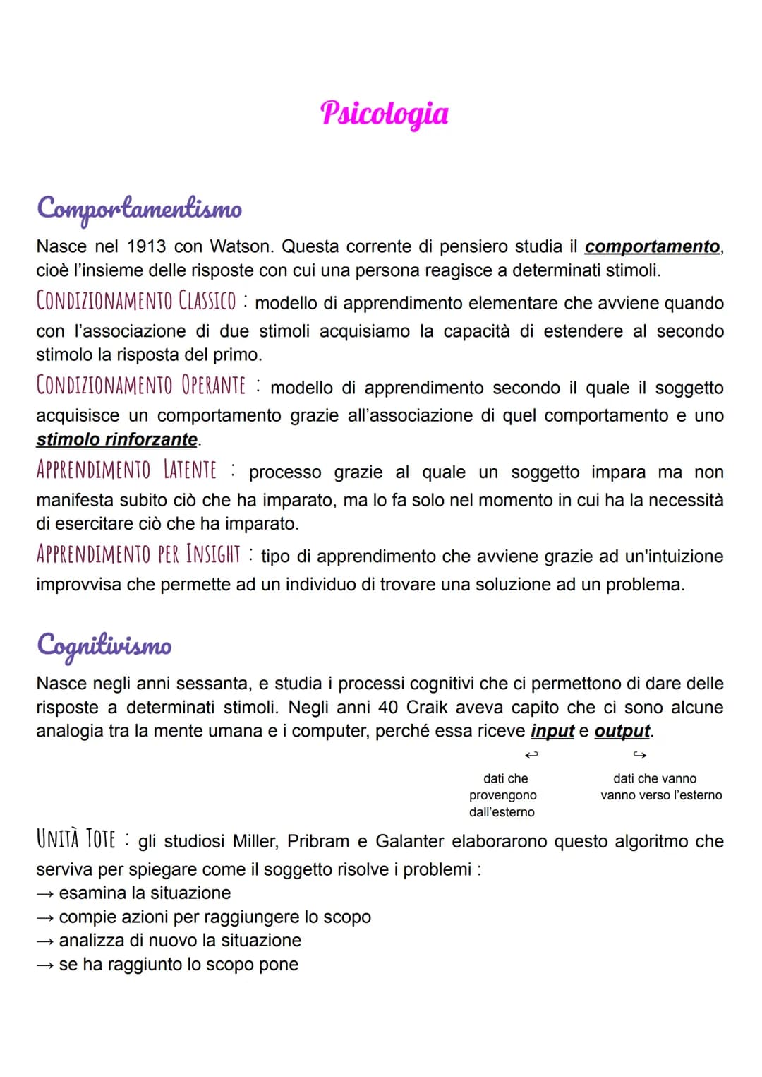 # Psicologia
Comportamentismo
Nasce nel 1913 con Watson. Questa corrente di pensiero studia il comportamento,
cioè l'insieme delle rispost