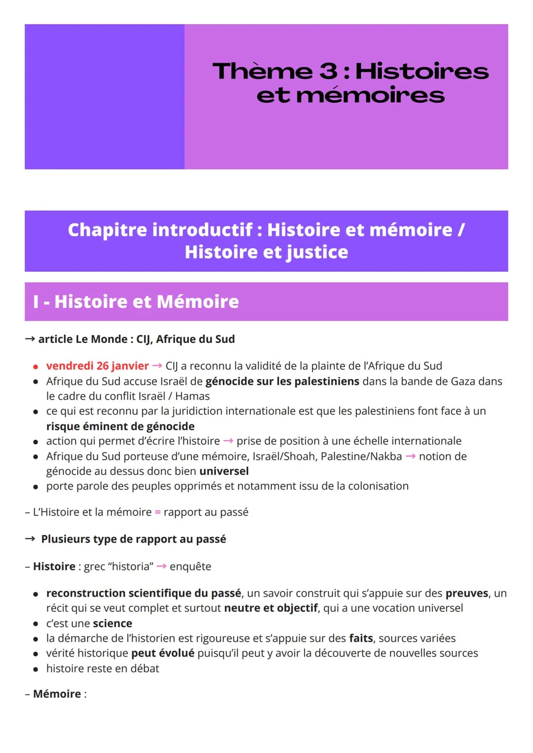 # Thème 3: Histoires
et mémoires
# Chapitre introductif : Histoire et mémoire /
Histoire et justice
# I - Histoire et Mémoire
→ article L