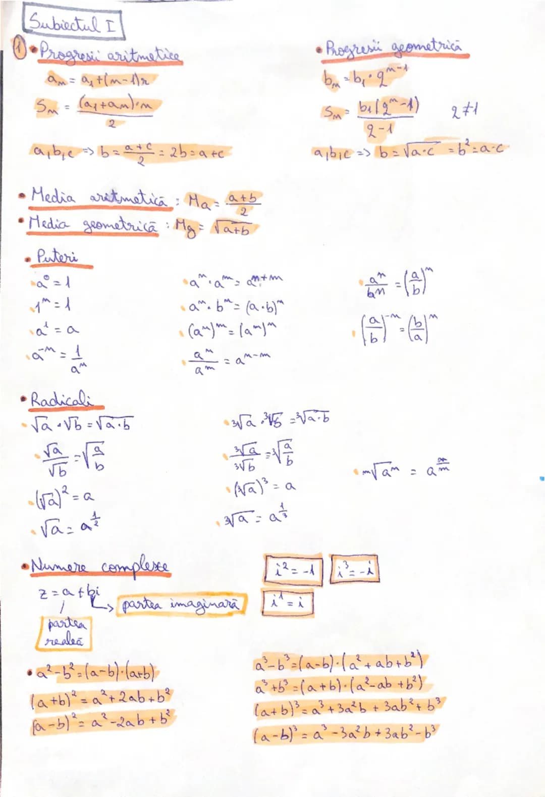 Subiectul I
Progresii aritmetice
$a_m=a_x+l(m-Ar$
$S_m = \frac{(a_p+a_m)'m}{2}$
$a,b,c b== \frac{a+c}{2} 2b=a+c$
• Media aritmetica: $Ma=
