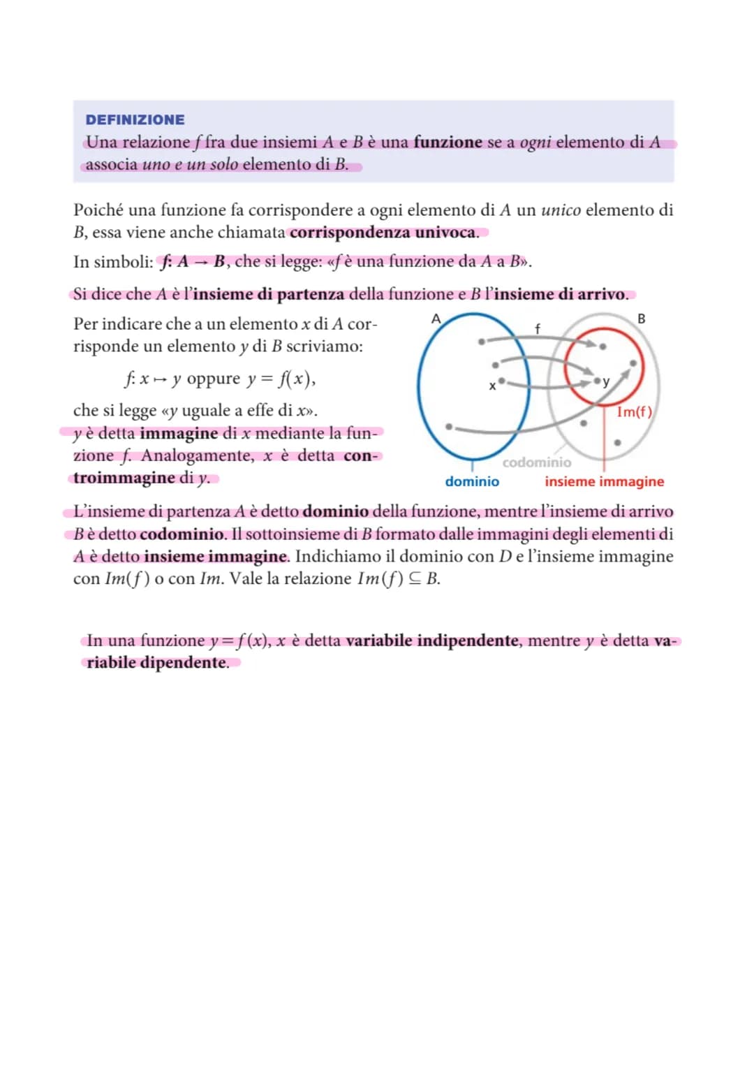 # DEFINIZIONE
Una relazione f fra due insiemi A e B è una funzione se a ogni elemento di A
associa uno e un solo elemento di B.
Poiché una