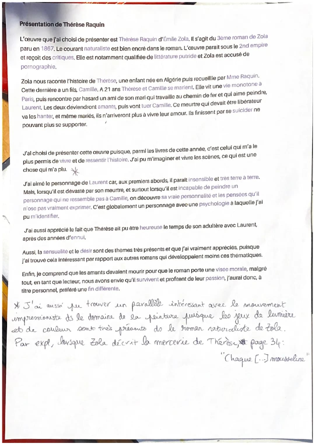 # Présentation de Thérèse Raquin
L'œuvre que j'ai choisi de présenter est Thérèse Raquin d'Émile Zola, Il s'agit du 3ème roman de Zola
paru