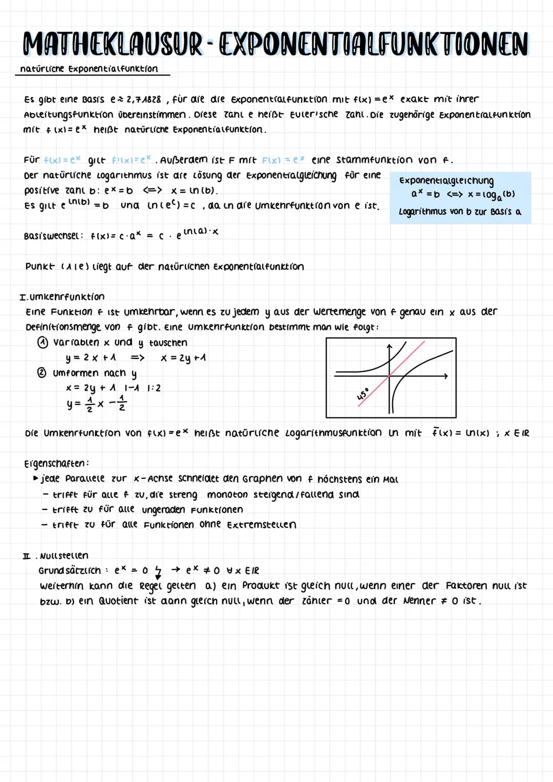 # MATHEKLAUSUR - EXPONENTIALFUNKTIONEN
Allgemein
Fine Funktion mit f(x) = c. a* (a>0; a ≠ 1) heißt Exponentialfunktion.
Eigenschaften:
*