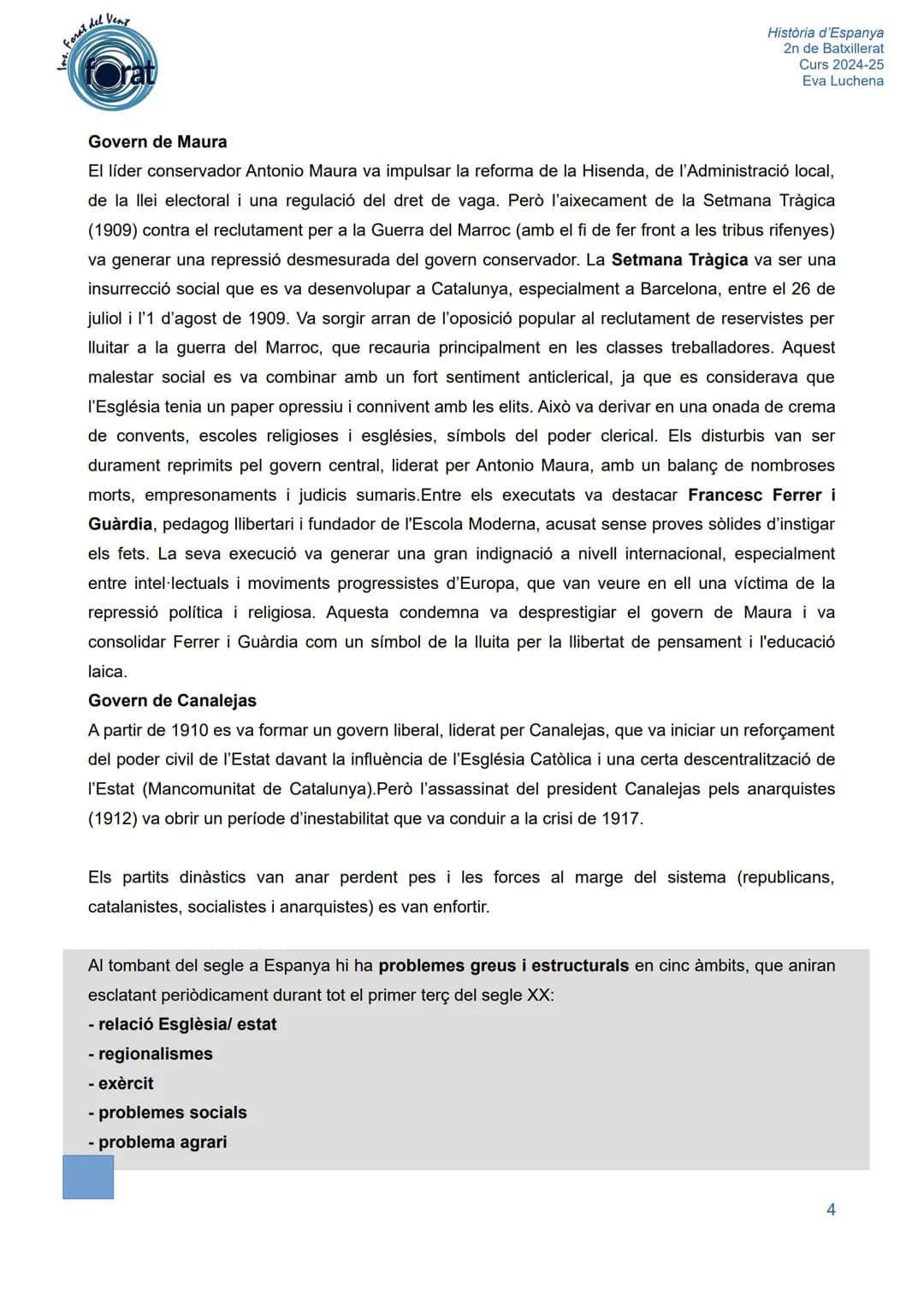 # ns. Forat del Vent
forat
# U.2. LA CRISI DE LA RESTAURACIÓ (1898-1931)
História d'Espanya
2n de Batxillerat
Curs 2024-25
Eva Luchena
A