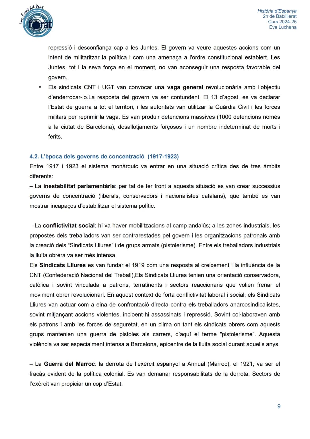 # ns. Forat del Vent
forat
# U.2. LA CRISI DE LA RESTAURACIÓ (1898-1931)
História d'Espanya
2n de Batxillerat
Curs 2024-25
Eva Luchena
A