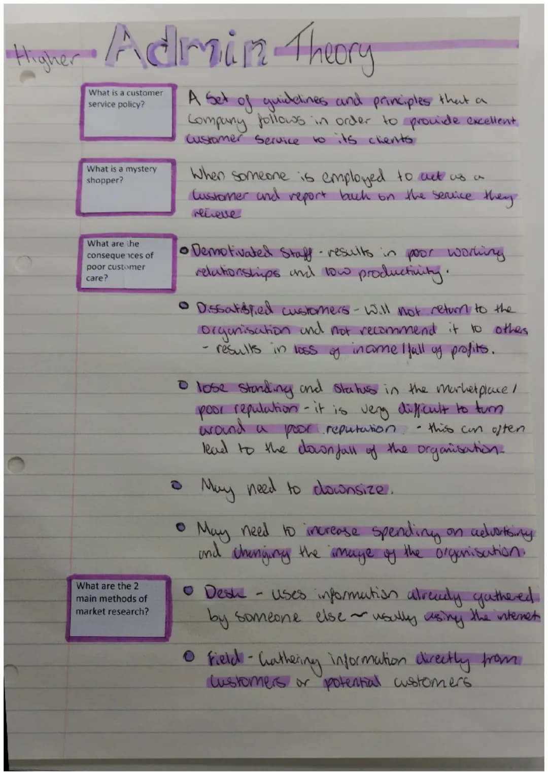 # Higher Admin Theory
What is a customer
service policy?
A Set of guidelines and principles that a
Company follows in order to provide exc