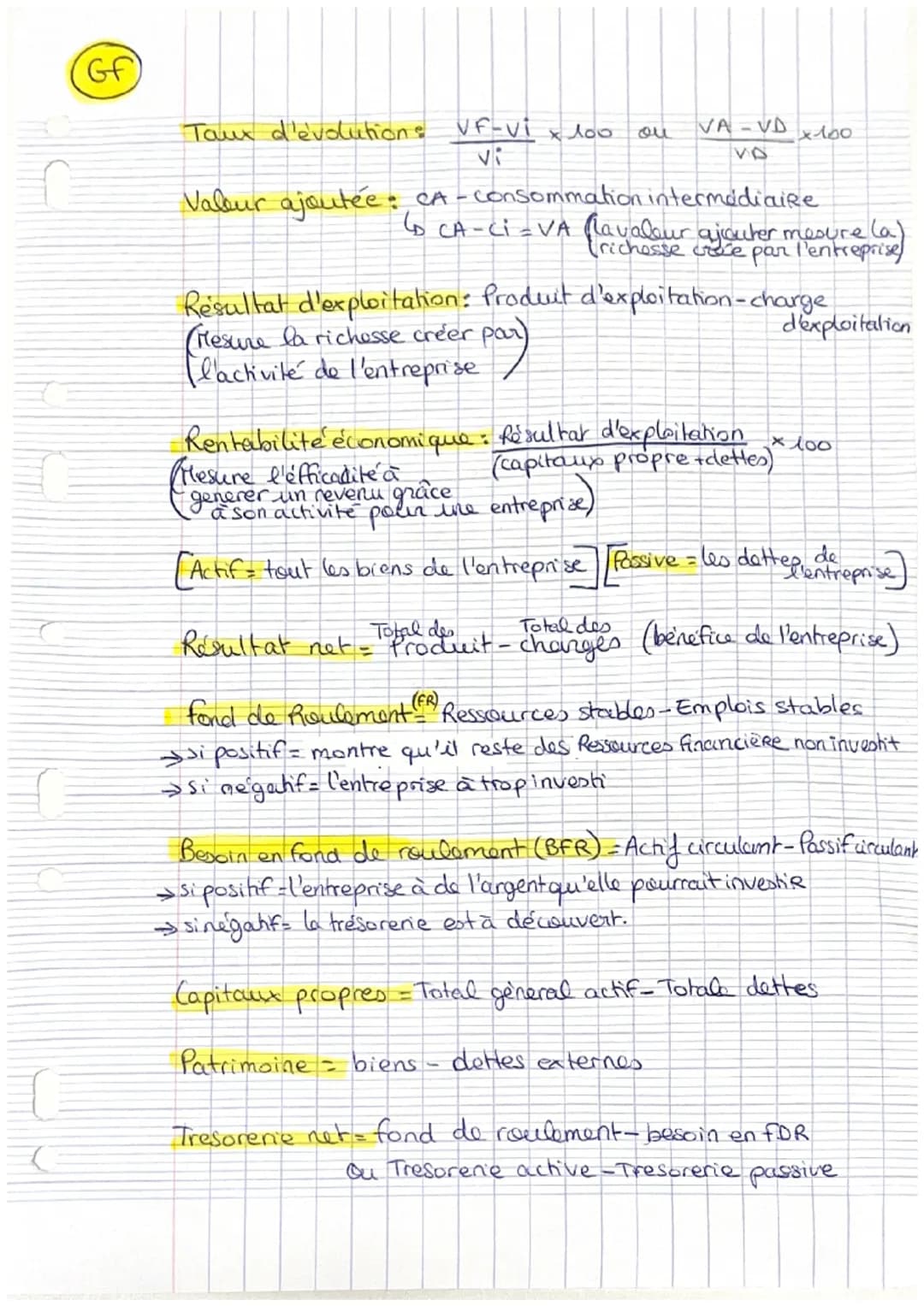 GF
Taux d'évolutions $\frac{VF-vi}{vi} x 100$ ou $\frac{VA-VD}{VO} x 100$
Valur ajoutée: CA-consommation intermédiaire
$\qquad$ CA-CI = VA