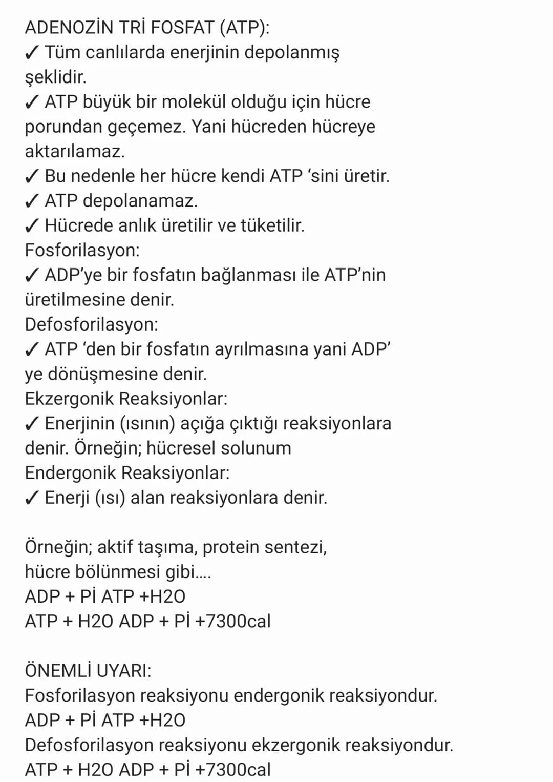 ADENOZİN TRİ FOSFAT (ATP):
✓ Tüm canlılarda enerjinin depolanmış
şeklidir.
✓ ATP büyük bir molekül olduğu için hücre
porundan geçemez. Yan