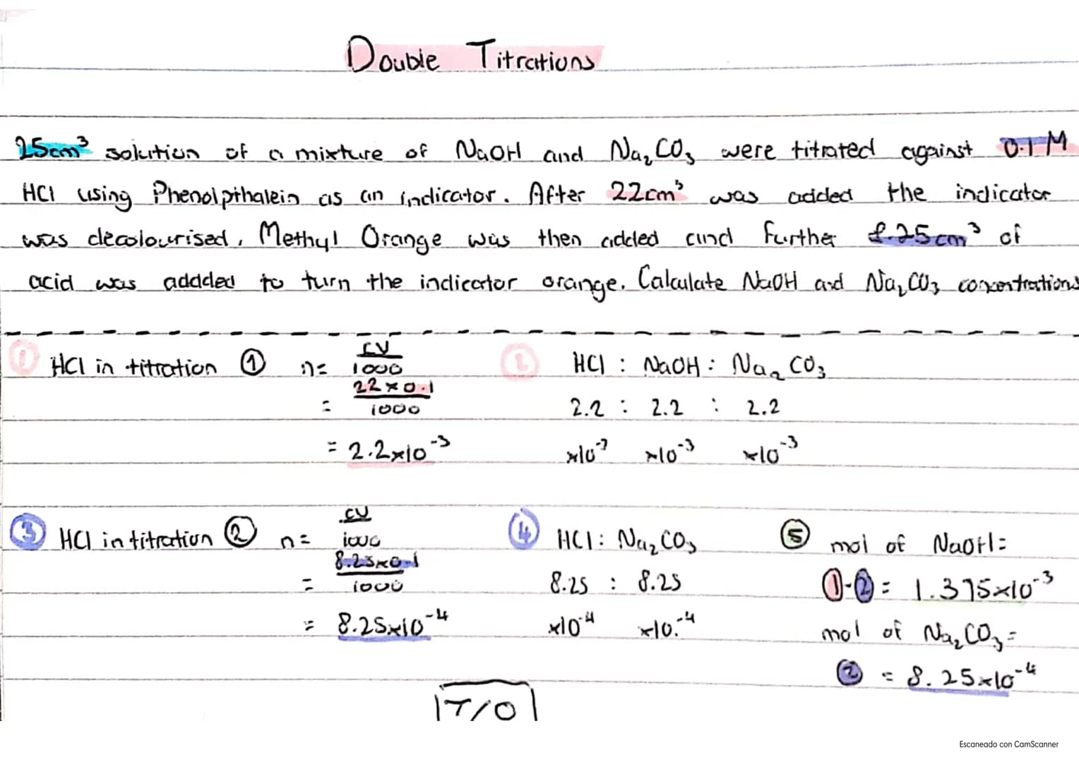 Titrations
25am³ of unknown Solution reacts with 20cm³ of 0.5mol dm³
of known solution. What is concentration of unknown?
| | Known
