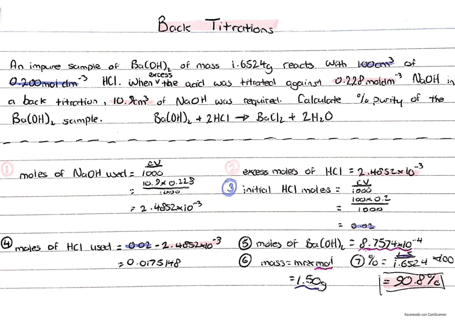 Titrations
25am³ of unknown Solution reacts with 20cm³ of 0.5mol dm³
of known solution. What is concentration of unknown?
| | Known