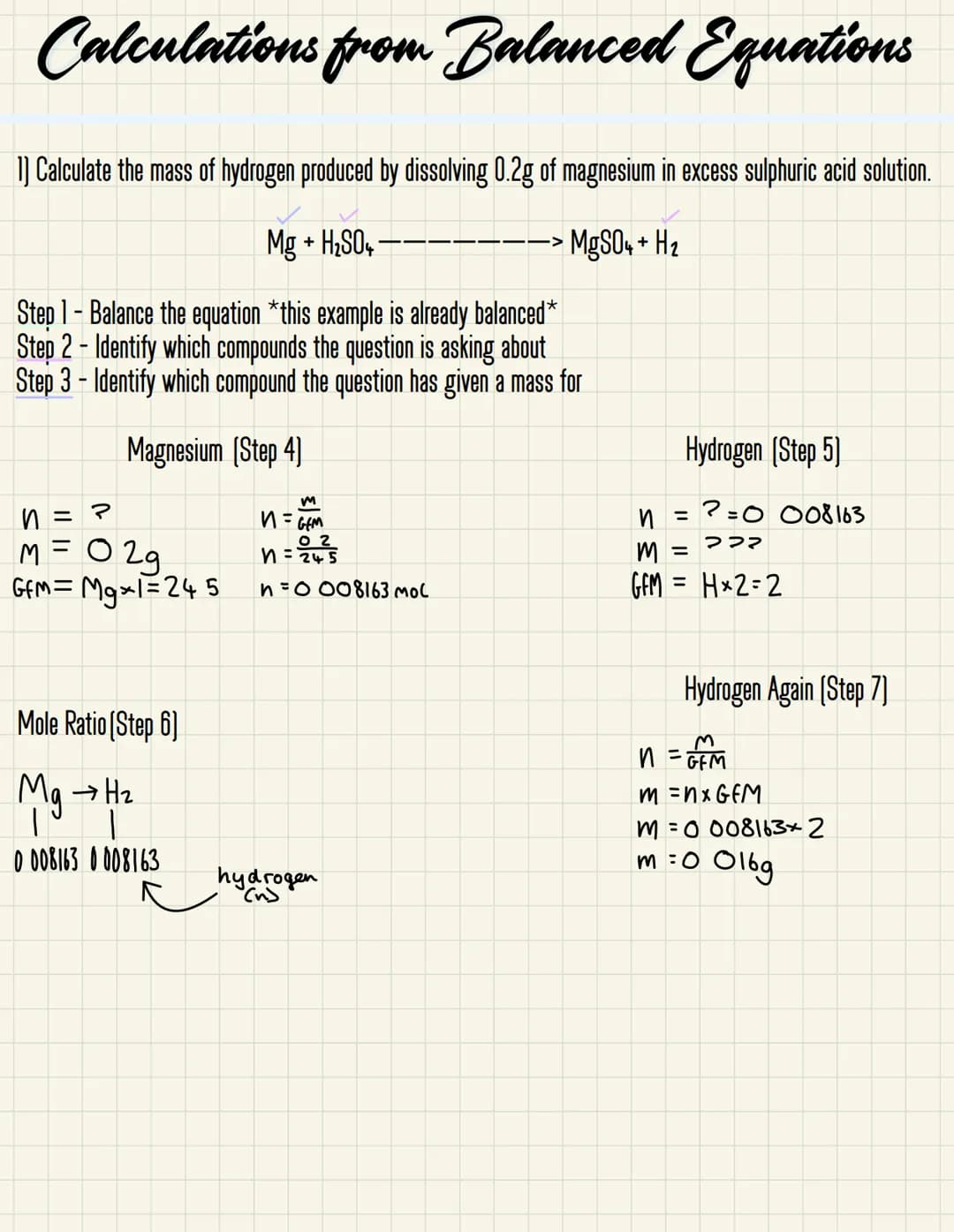 # Calculations from Balanced Equations
1) Calculate the mass of hydrogen produced by dissolving 0.2g of magnesium in excess sulphuric acid