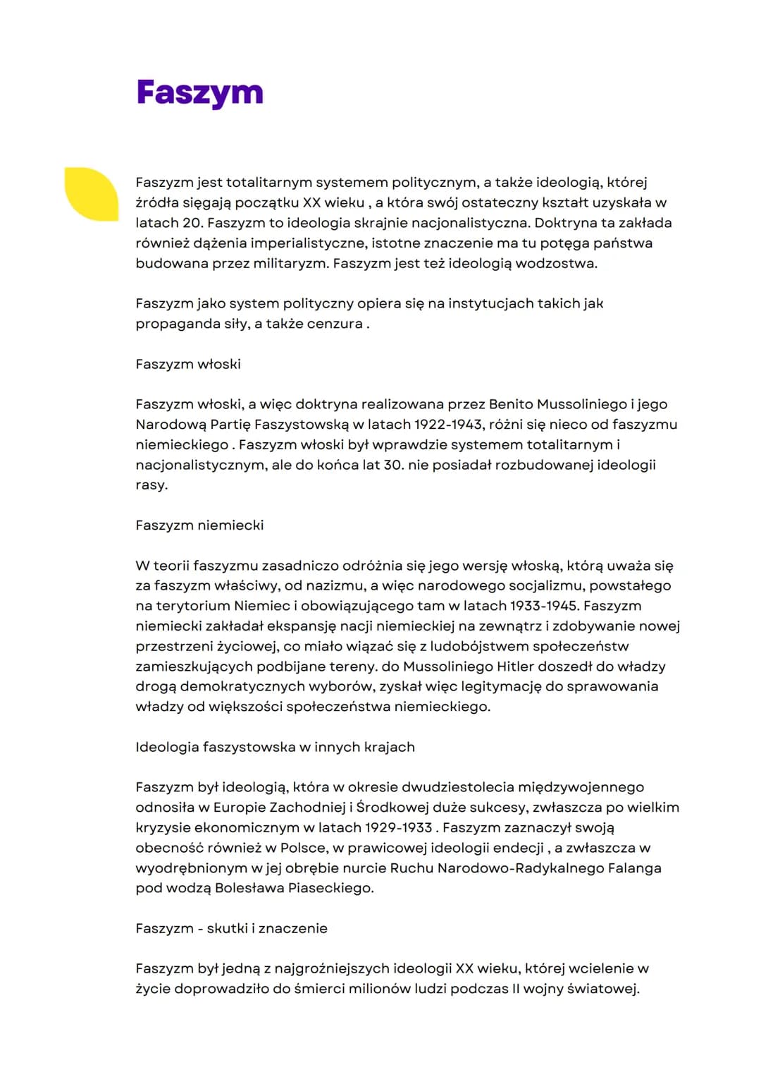 # Faszym
Faszyzm jest totalitarnym systemem politycznym, a także ideologią, której
źródła sięgają początku XX wieku, a która swój ostateczn
