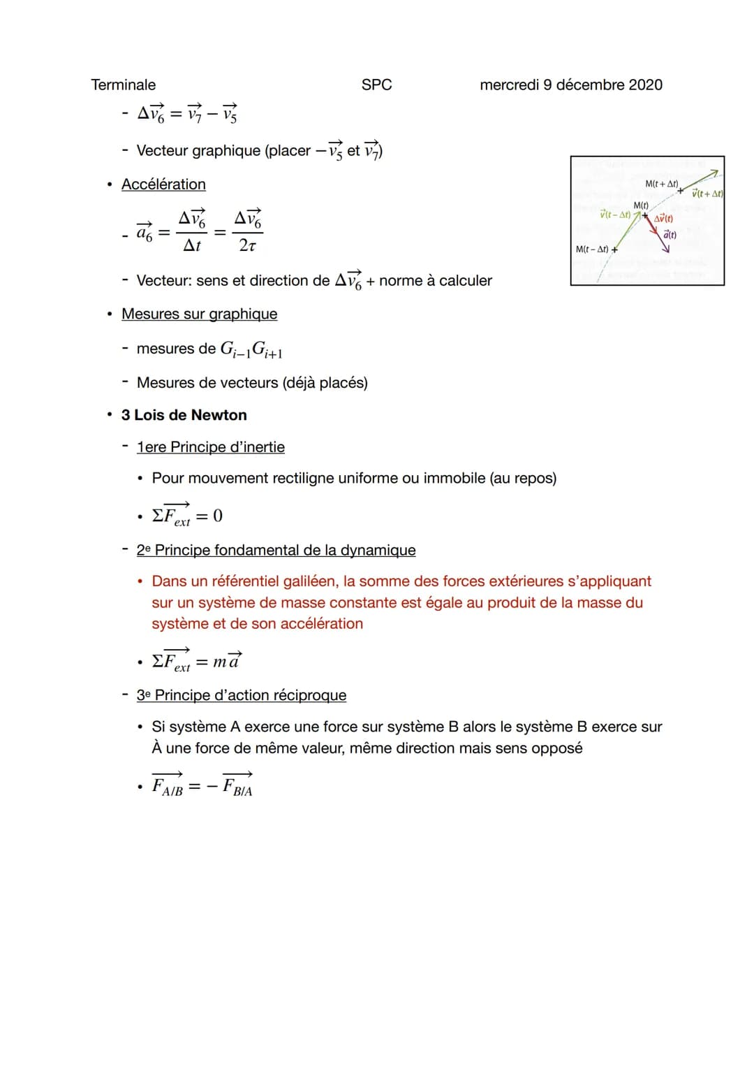 Terminale
SPC mercredi 9 décembre 2020
Notions mouvement
Sujet général
- Forces
- Poids: $P = mg$
- Frottement: $f = 6 \pi r v$ (vitesse