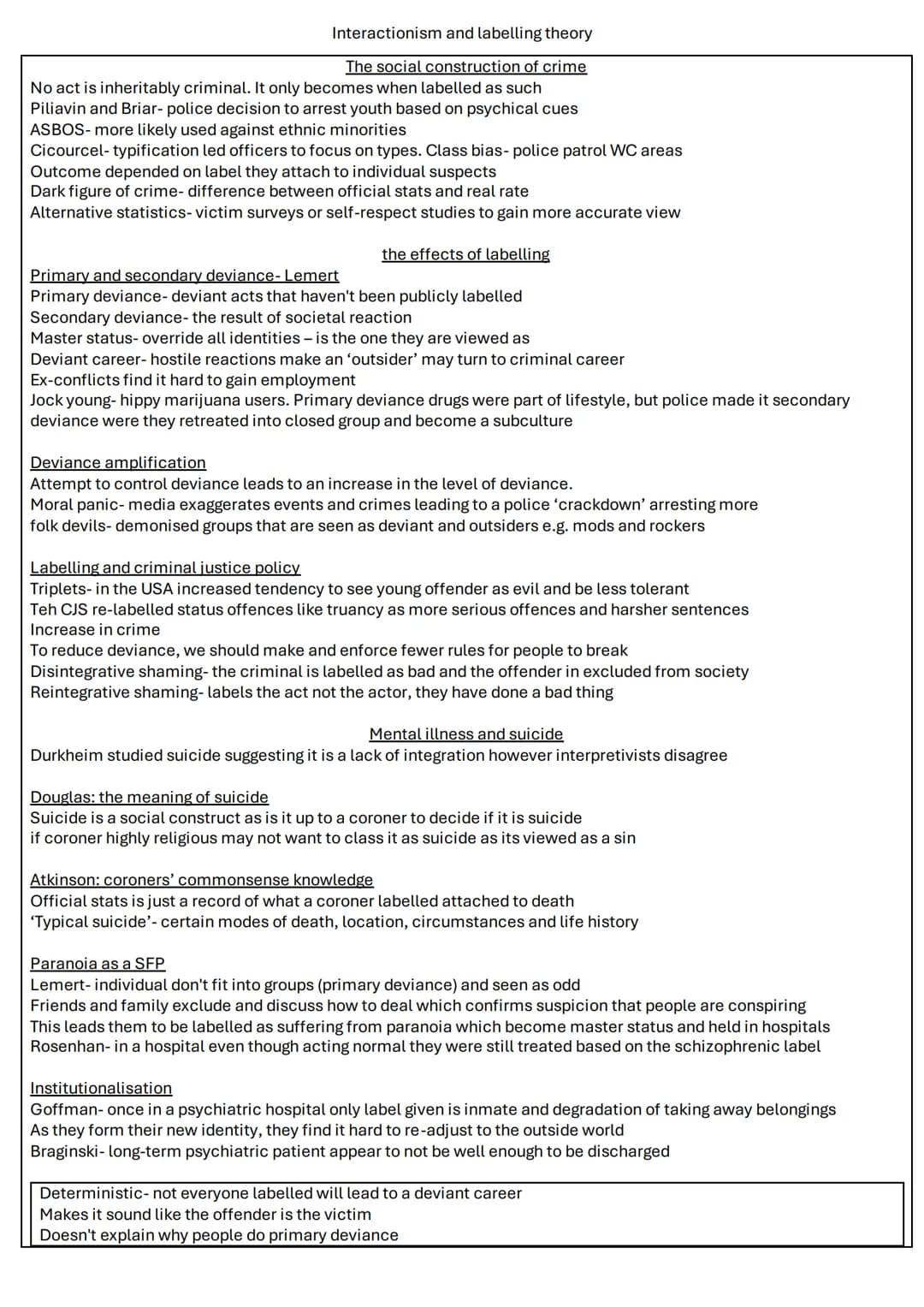 Crime and deviance
Functionalism, strain and subcultural theories
Interactionism and labelling
Class, power and crime
Realist theories o