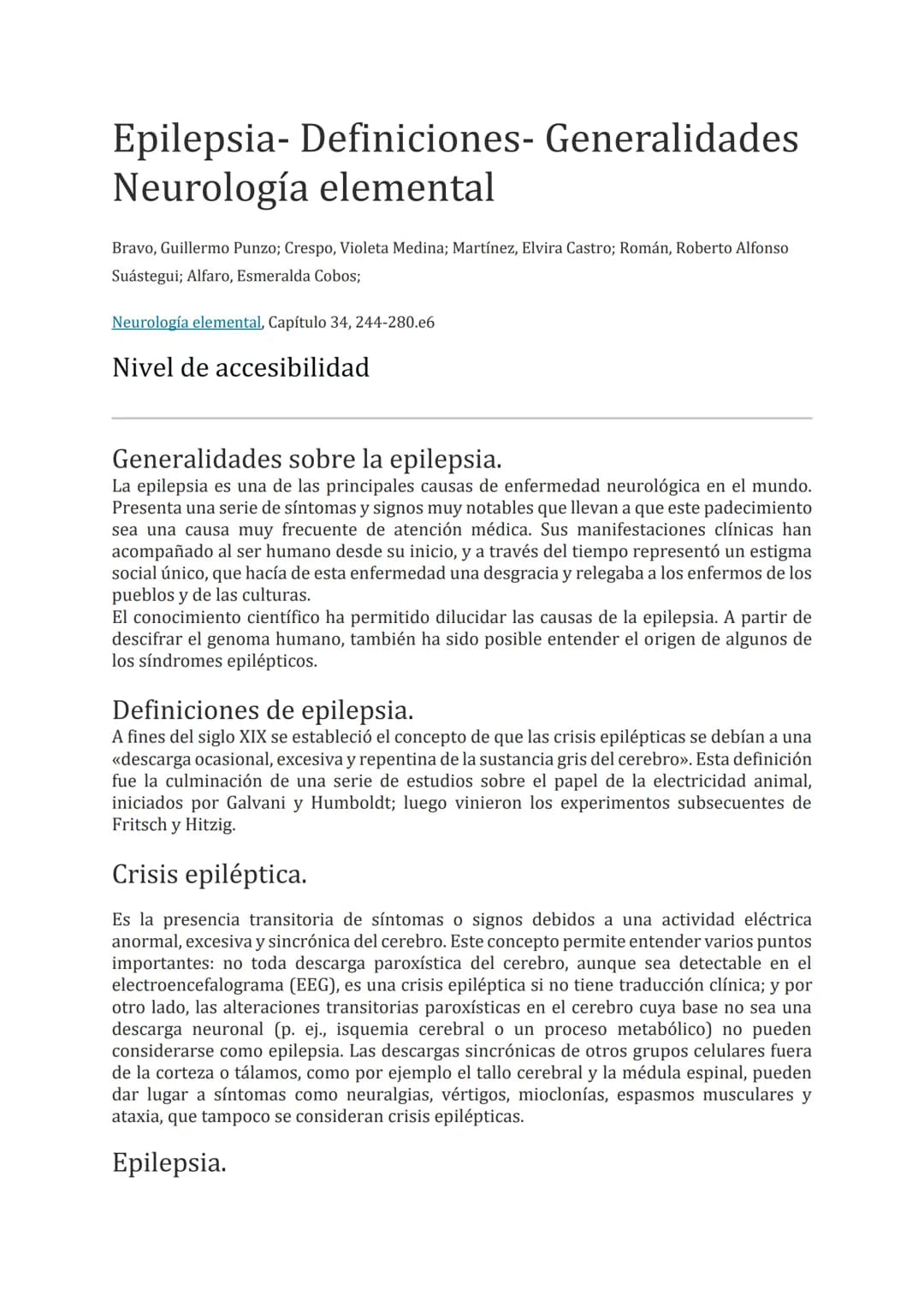 # Epilepsia- Definiciones- Generalidades
# Neurología elemental
Bravo, Guillermo Punzo; Crespo, Violeta Medina; Martínez, Elvira Castro; R