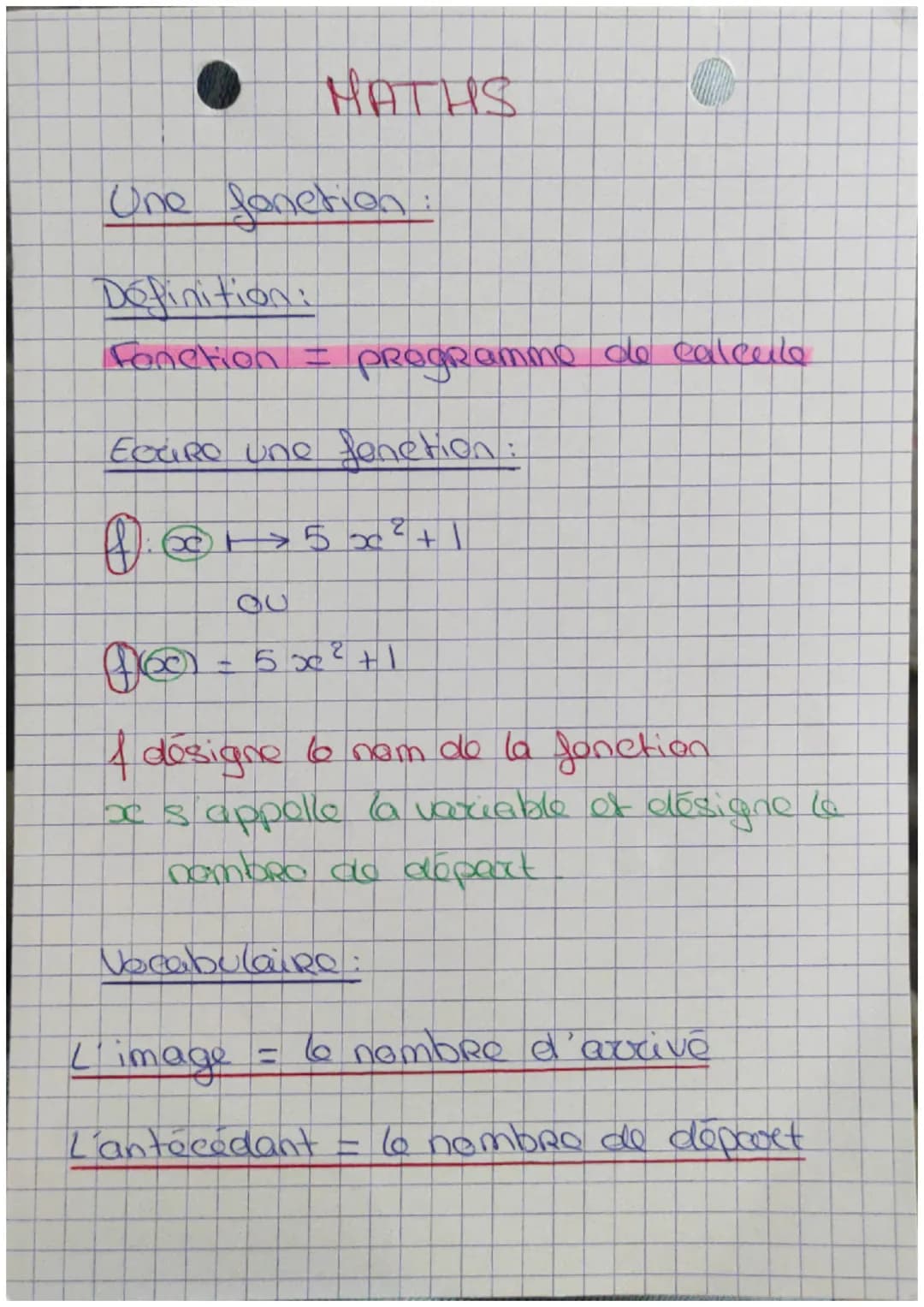 MATHS
Une fonction:
Définition:
Fonction = programme de calcule
Ecare une fenetion:
$f: x \longrightarrow 5 x^2 + 1$
ou
$f(x) = 5 x^2 + 1