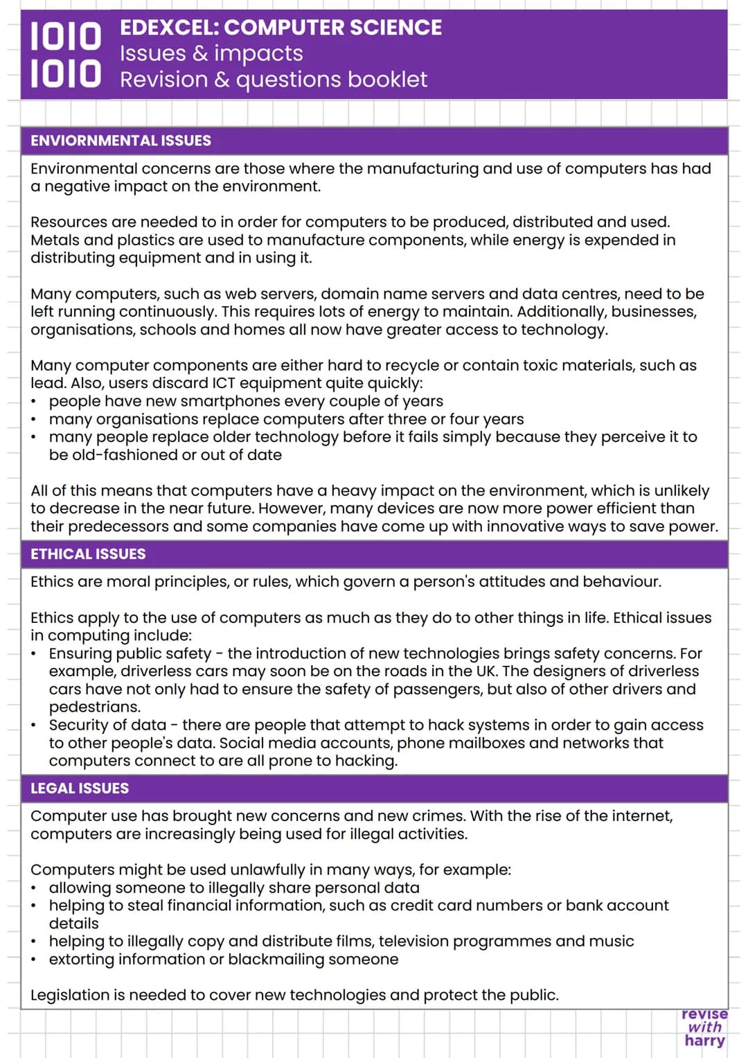# 1010 EDEXCEL: COMPUTER SCIENCE
Issues & impacts
# 1010 Revision & questions booklet
ENVIORNMENTAL ISSUES
Environmental concerns are thos