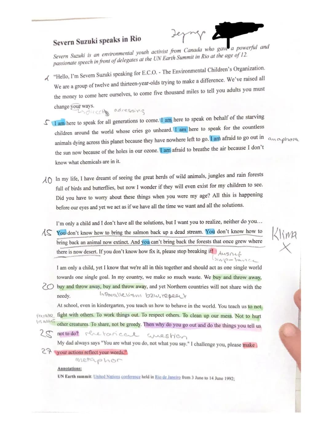 agree disa
Aufgabenstellung
1. Summarize the speech by Severn Suzuki using your own words.
(Comprehension: 16 Punkte)
2. Analyse six stylis