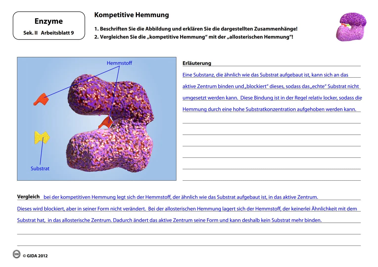 # Enzyme
Arbeitsblätter
(Lehrerversion)
© GIDA 2012 # Energiediagramm chemischer Reaktionen ohne und mit Katalysator
Enzyme
Sek. II Arbe