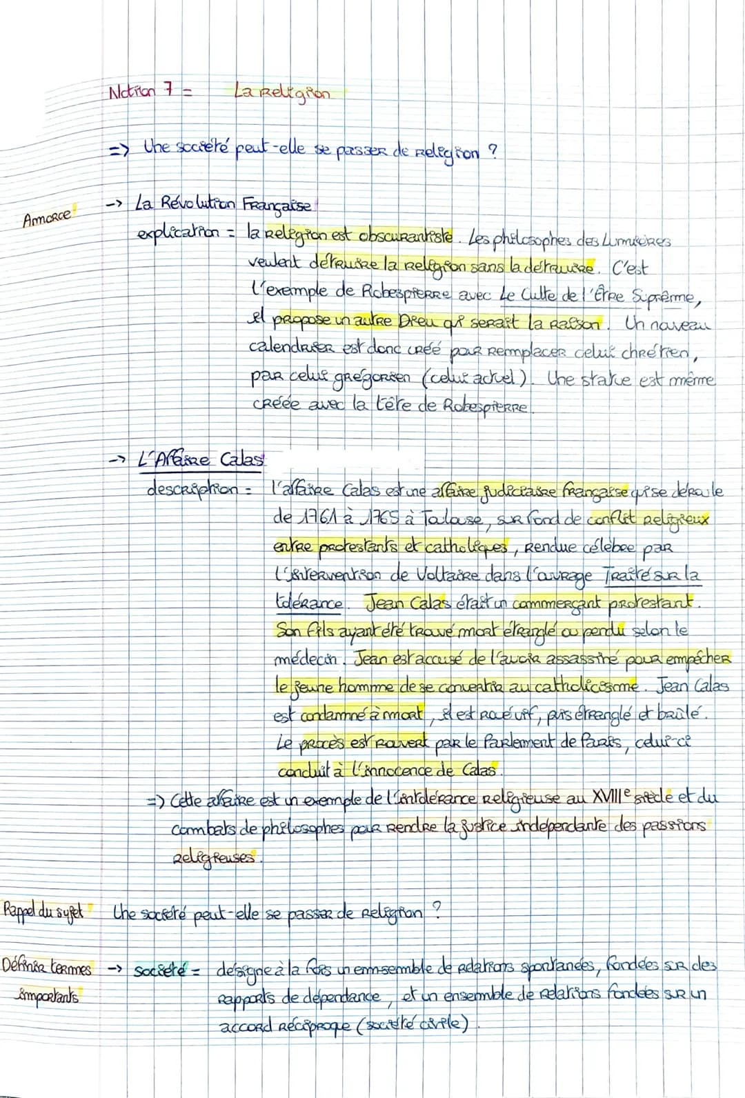 Notion 7 =
La Religion
Amorce
=> the société peut-elle se passer de religion?
-> La Révolution Française
explication = la religion est obs