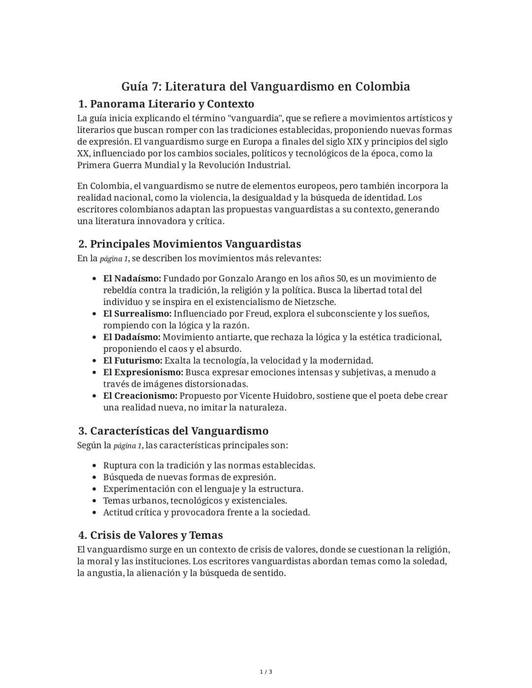 Guía 7: Literatura del Vanguardismo en Colombia
1. Panorama Literario y Contexto
La guía inicia explicando el término "vanguardia", que se r