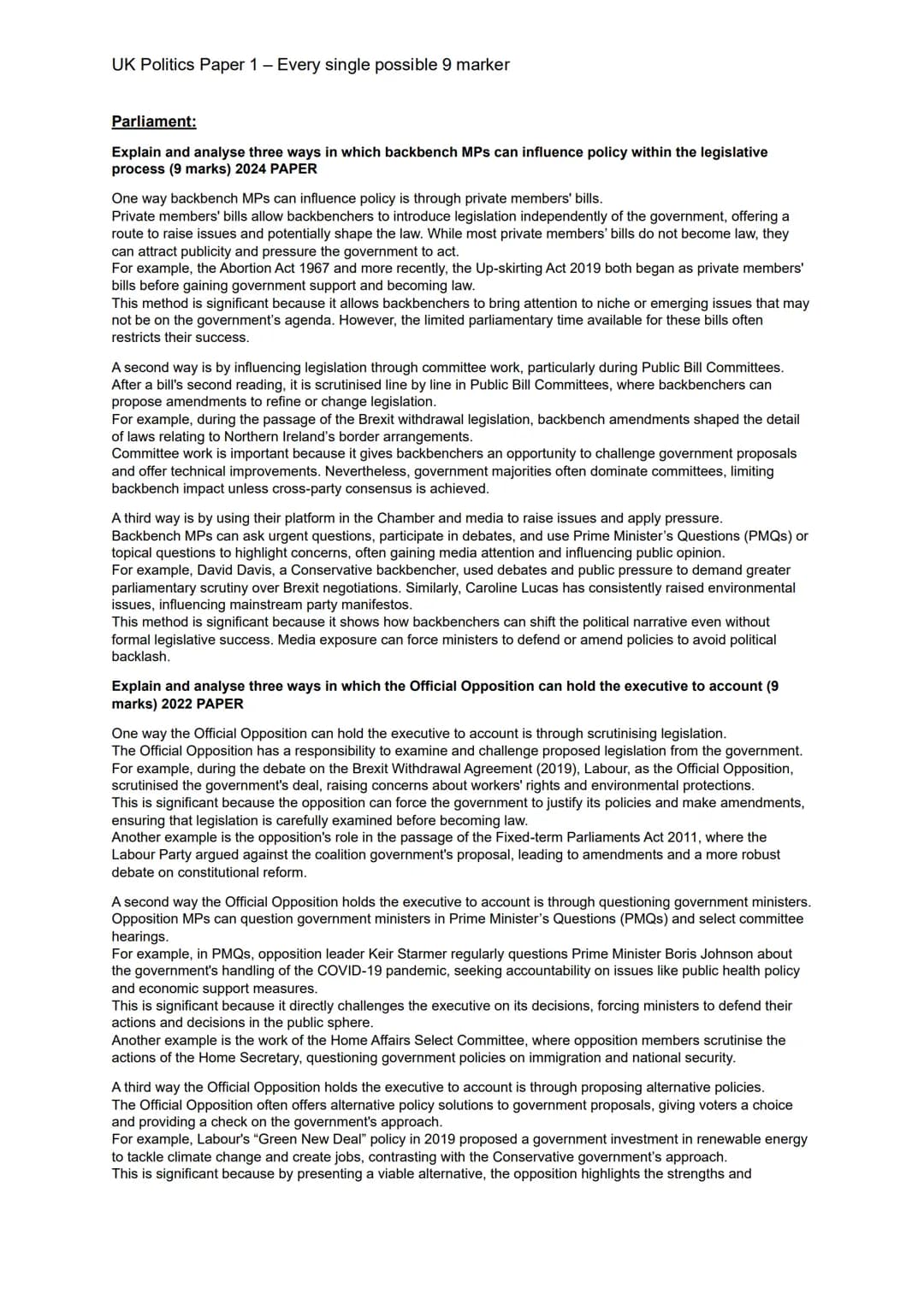 UK Politics Paper 1 - Every single possible 9 marker
UK Constitution:
Explain and analyse the significance of three sources of the UK consti