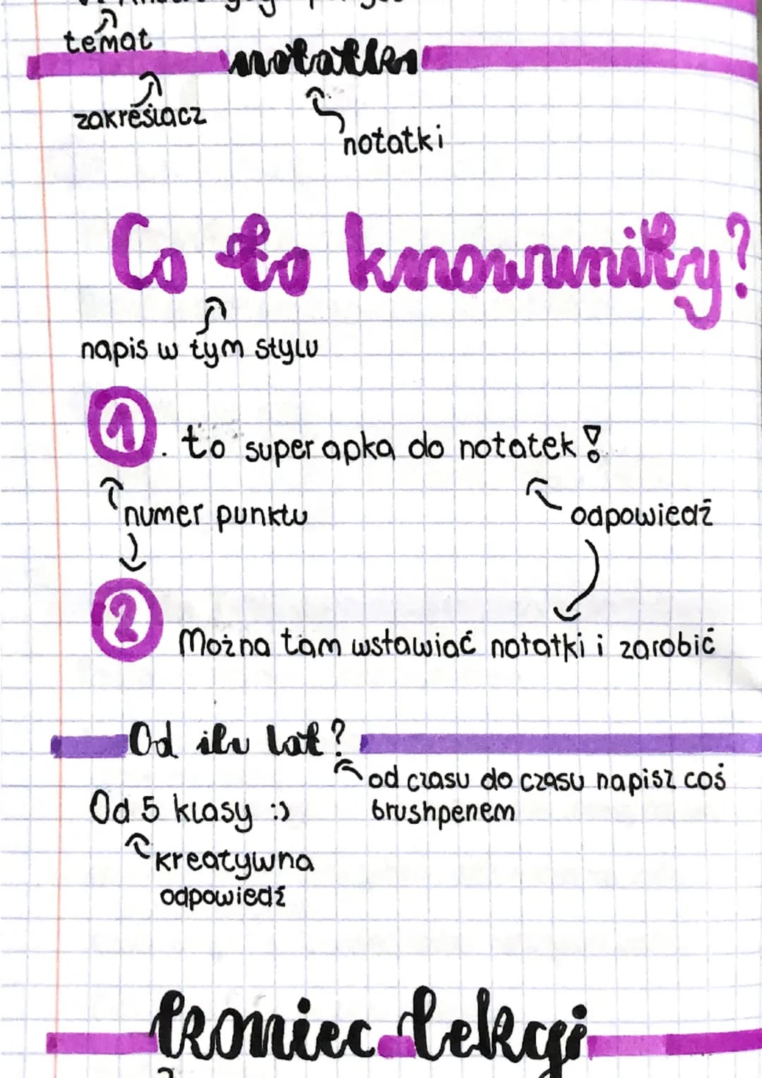 temat
zakresiącz
notates
notatki
Co to knowrunity?
napis w tym stylu
4. to super apka, do notatek!
Tnumer punktu
odpowiedź
②
Można